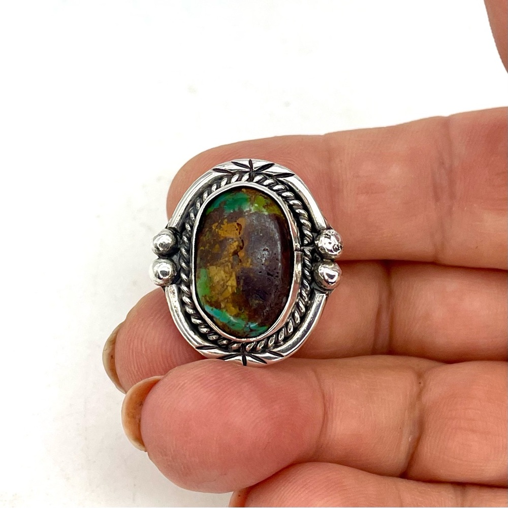 Navajo Green Turquoise Ring Size 7 Sterling Silver Vintage - Picture 4 of 6